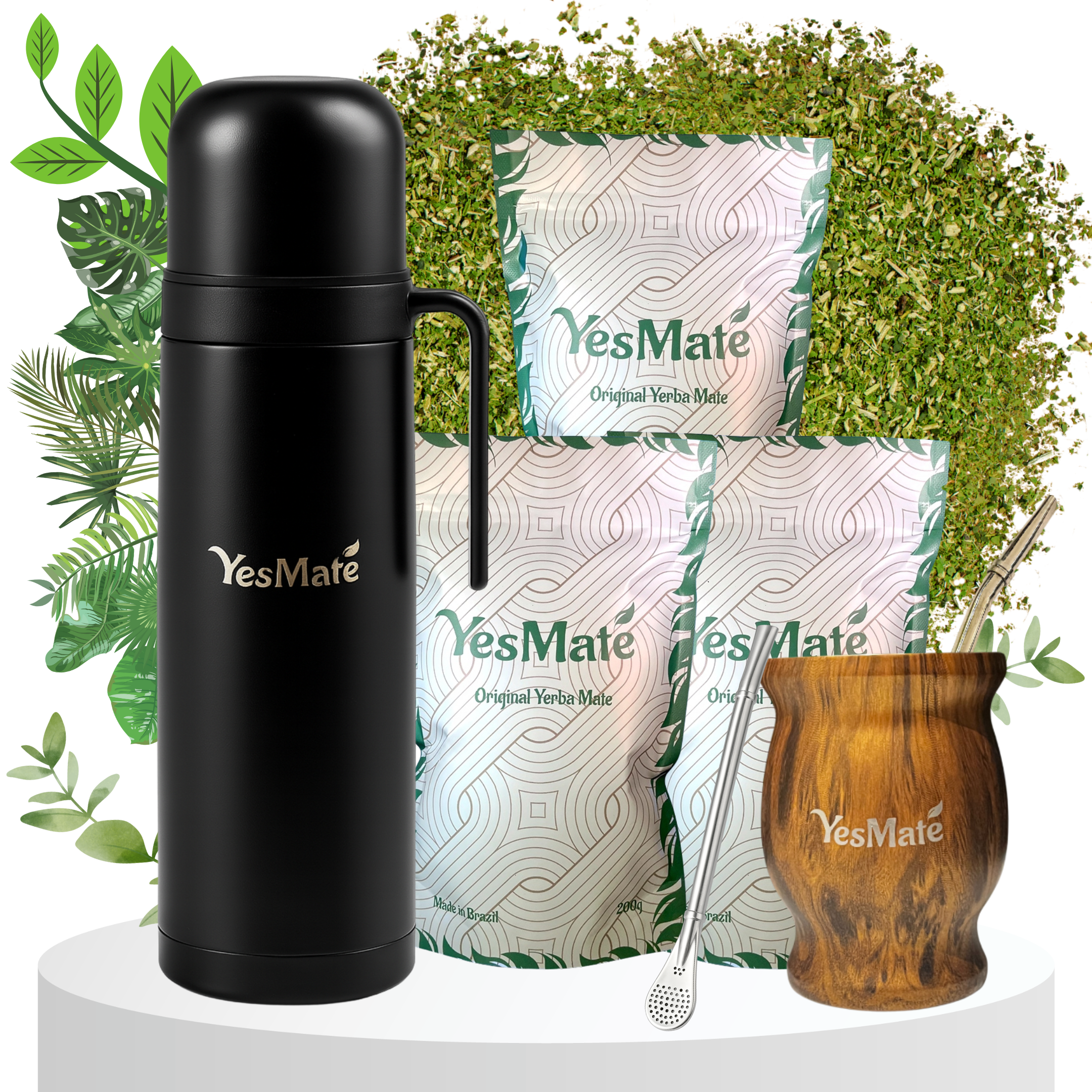 YesMate Ultimate Yerba Mate Kit (Gourd, Bombilla, Thermos & 3 x 200g Bags) YesMate